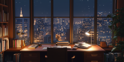 Nighttime Bedroom Interior with City View