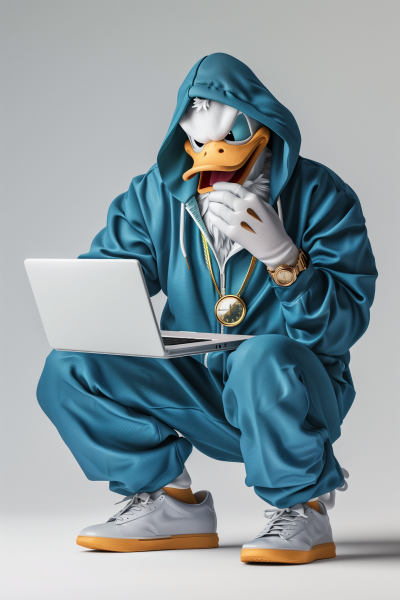 Duck-faced man in blue tracksuit with laptop