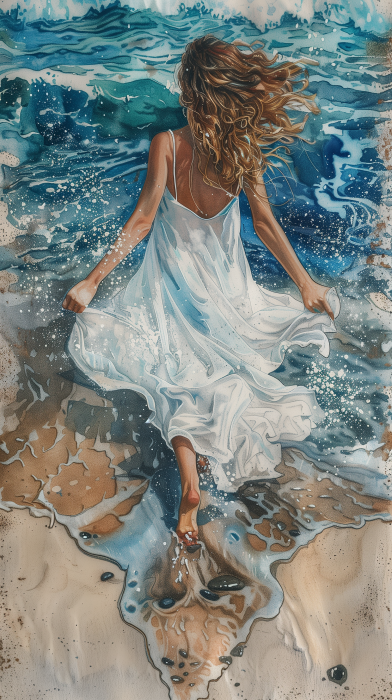 Fantasy Watercolor and Pencil Illustration of a Woman on the Beach