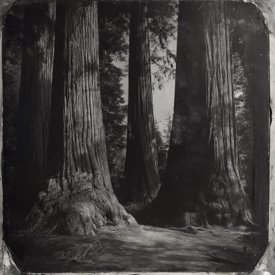 Black and White Tintype Redwood Trees Landscape