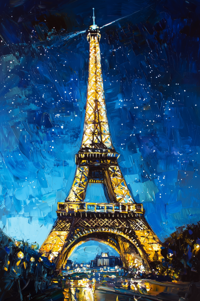 Eiffel Tower Night Scene Oil Painting