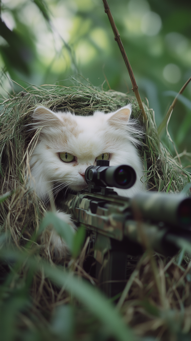 Camouflaged White Persian Cat in Sniper Training