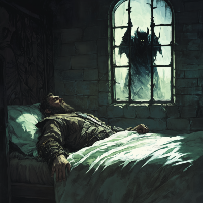 Barbarian Sleeping in Inn Bed with Shadow Creature