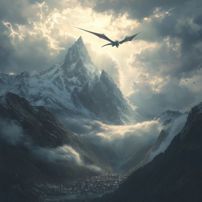 Wyvern Dragon Flying Near Mountain Peak