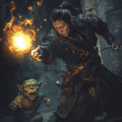 Sorcerer Battling Goblin in Dungeon