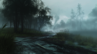 Dark Eerie Misty Forest Landscape