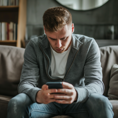 Concerned Man on Couch with Phone