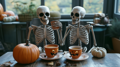 Halloween Skeletons Having Coffee