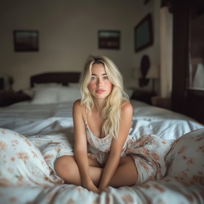 Blonde Lady Sitting on Bed