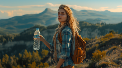 Woman holding a bottle of water in the mountains