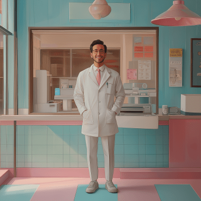 Friendly Smiling Dentist in Wes Anderson Style