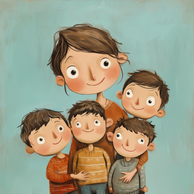 Mother and Four Boys Illustration