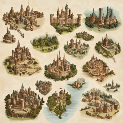 Fantasy Cities on Isolated Background