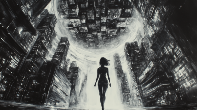 Futuristic Cityscape Charcoal Drawing