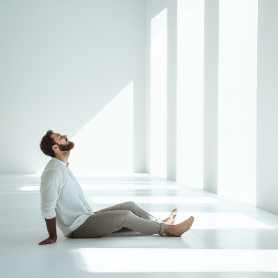 Man Breathing in Bright White Room