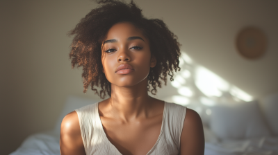 Depressed young adult sitting on bed edge