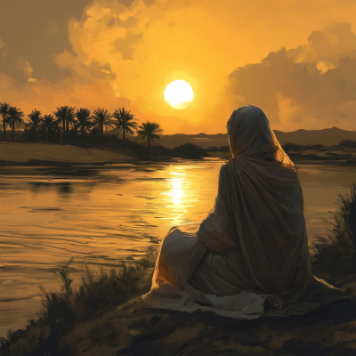 Sudanese Woman by the Nile River at Sunset