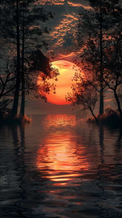 Hyper Realistic Sunset with Trees and Reflections