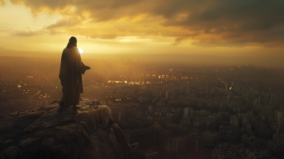 Jesus Standing on Cliff Looking at City