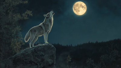 Wolf Howling at Full Moon