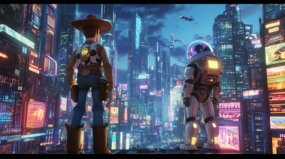 Cowboy and Astronaut in Futuristic Cityscape