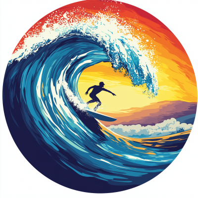 Surfer Riding Wave Cartoon Emblem