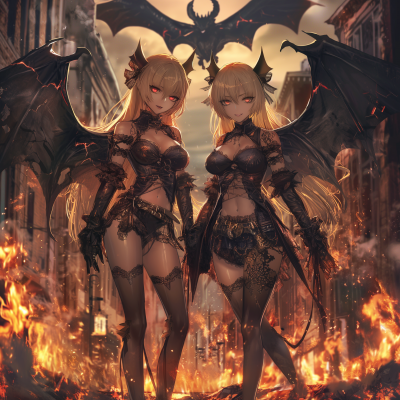 Demonic Anime Girls with Dragon in Hell