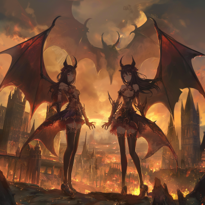 Fantasy Art of Demonic Women in Burning City