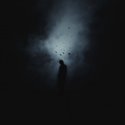 Silhouette of Man in Dark Misty Space