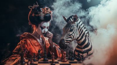 Beastly Geisha and Zebra Knight on Chess Board