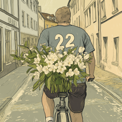 Person Riding Bike with Bouquet Illustration