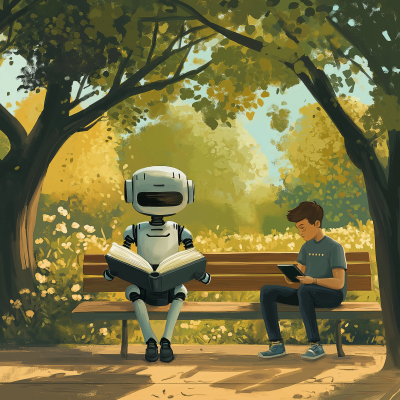 Futuristic Robot and Human in a Park Scene