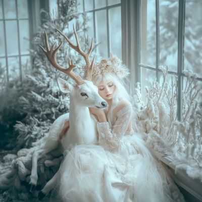 White Haired Fairy Girl with White Deer