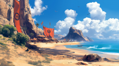 D&D Art Style Cinematic Backdrop of a Makeshift Pirate Camp on a Desert Island