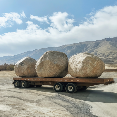 Trailer hauling large boulders