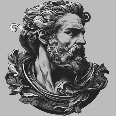 Roman and Greek statues logo in Alfons Mucha style