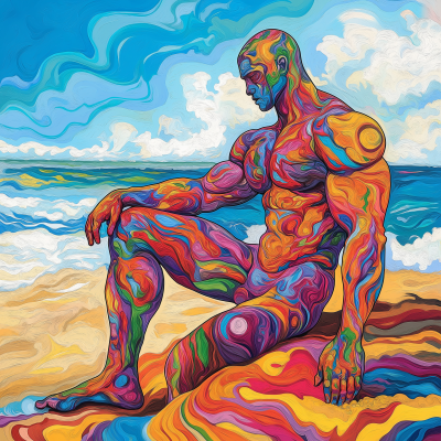 Psychedelic Bodybuilder at the Beach