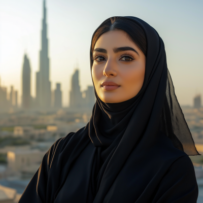 Emirati Women in front of UAE Skyline