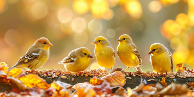 Yellow Canary Birds Eating Bird Seed