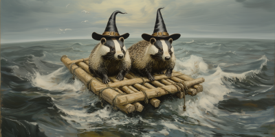 Badgers on Raft with Wizard Hat