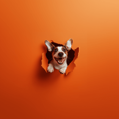 Happy Dog Emerging from Hole in Orange Wall