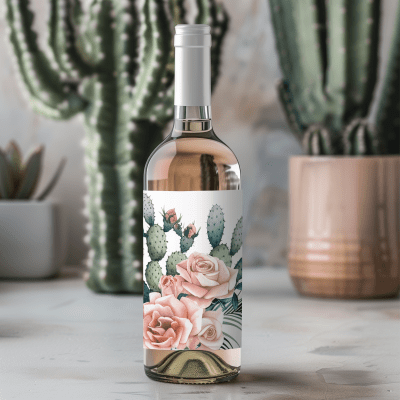 White Label Wine Bottle with Cactus and Roses