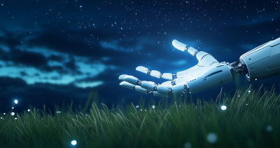 Luminous Robotic Arms in Grass Field