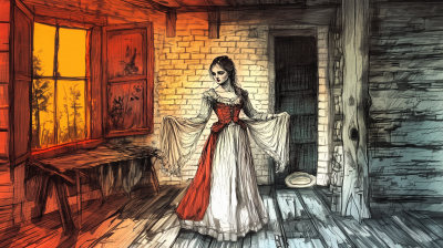 19th Century Russian Woman in Poor Home Sketch