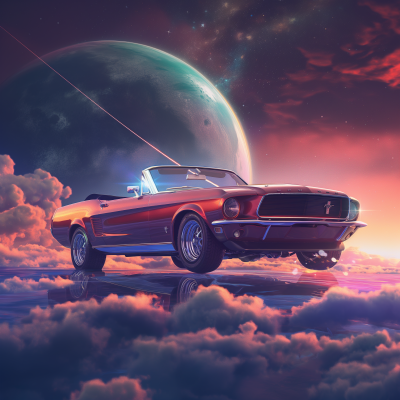 Classic Mustang Convertible Over a Planet