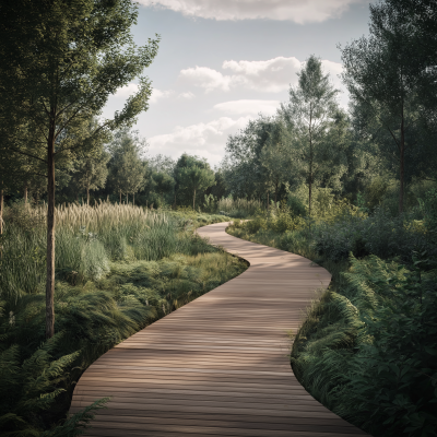 Dense Urban Park Wooden Path