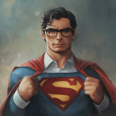 Superman wearing a suit with just his cape and trying on glasses