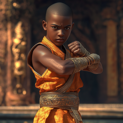 African Teenage Martial Arts Monk in Fighting Stance