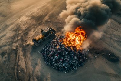 Aerial view of burning clothing pile in the Atacama Desert