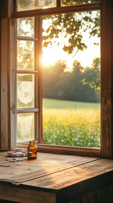 Rustic wooden table with medicine under sunlight